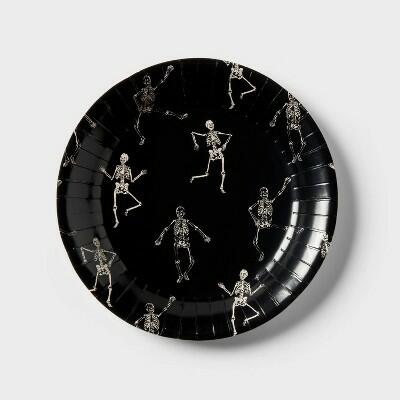 Load image into Gallery viewer, Spritz Halloween Dancing Skeleton Dinner Plate 20ct Black White Paper
