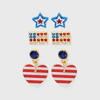 Load image into Gallery viewer, Americana Star Flag Heart Stud Hoop Earring Set 3pc Red White Blue
