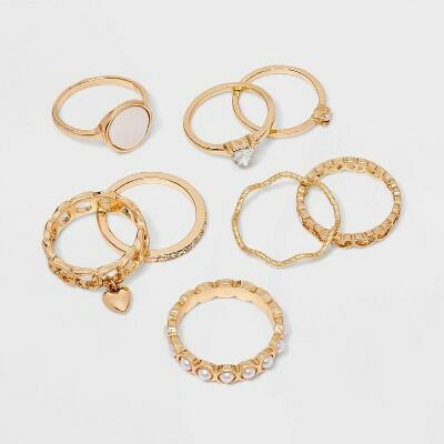 Load image into Gallery viewer, Wild Fable Gold Hearts and Pearls Ring Set 8pc Zinc Material
