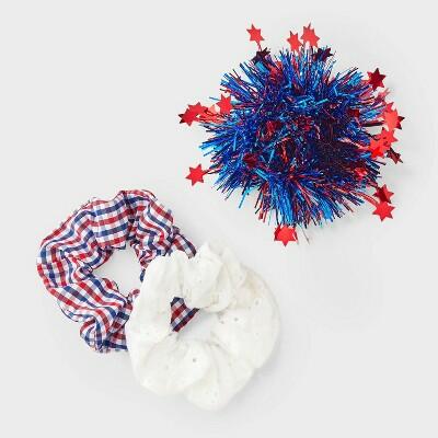 Load image into Gallery viewer, Americana Plaid and Tinsel Hair Twister Set 3pc Red White Blue Multicolor
