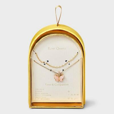 Load image into Gallery viewer, A New Day™ 14K Gold Dipped Cubic Zirconia Rose Quartz Butterfly Pendant Necklace
