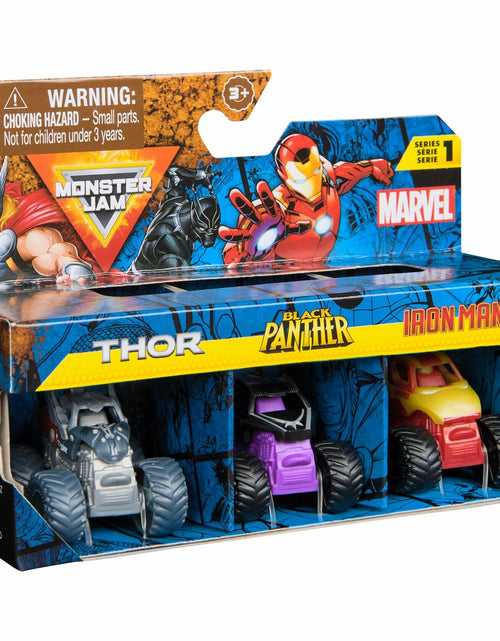 Load image into Gallery viewer, Monster Jam Marvel Mini Monster Truck 3-Pack Thor Black Panther Iron Man
