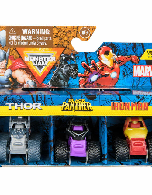 Load image into Gallery viewer, Monster Jam Marvel Mini Monster Truck 3-Pack Thor Black Panther Iron Man
