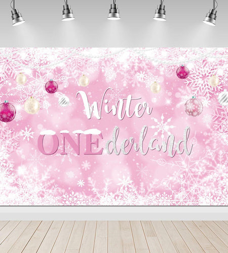 Winter Onederland First Birthday Banner Snowflake Backdrop 70.9x43.3 Pink