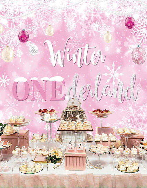 Load image into Gallery viewer, Winter Onederland First Birthday Banner Snowflake Backdrop 70.9x43.3 Pink
