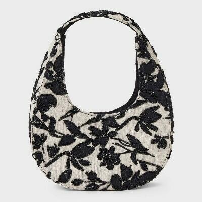 Load image into Gallery viewer, A New Day Mini Beaded Crescent Handbag Off-White Black Floral Pattern
