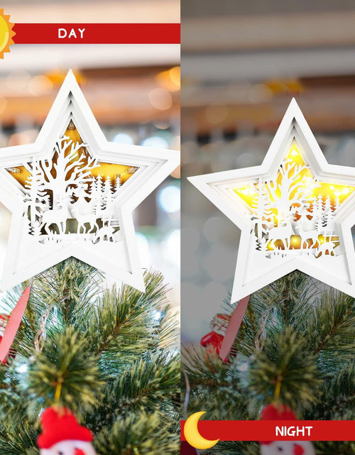 Load image into Gallery viewer, Rustic Wooden Christmas Reindeer Tree Topper Lighted Star 11x11 Inch
