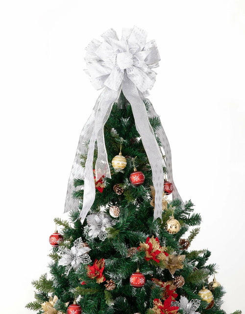 Load image into Gallery viewer, Handmade Christmas Tree Bow Topper Large Silver 27x12 Inches
