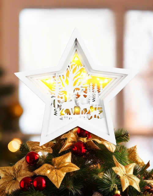 Load image into Gallery viewer, Rustic Wooden Christmas Reindeer Tree Topper Lighted Star 11x11 Inch

