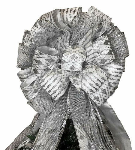 Handmade Christmas Tree Bow Topper Large Silver 27x12 Inches