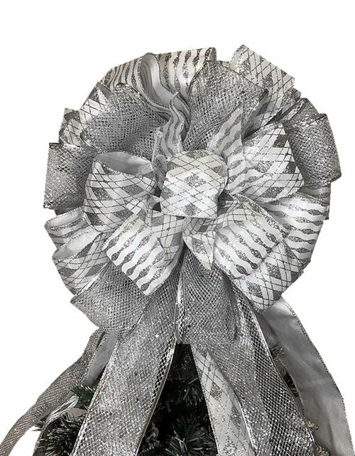 Load image into Gallery viewer, Handmade Christmas Tree Bow Topper Large Silver 27x12 Inches
