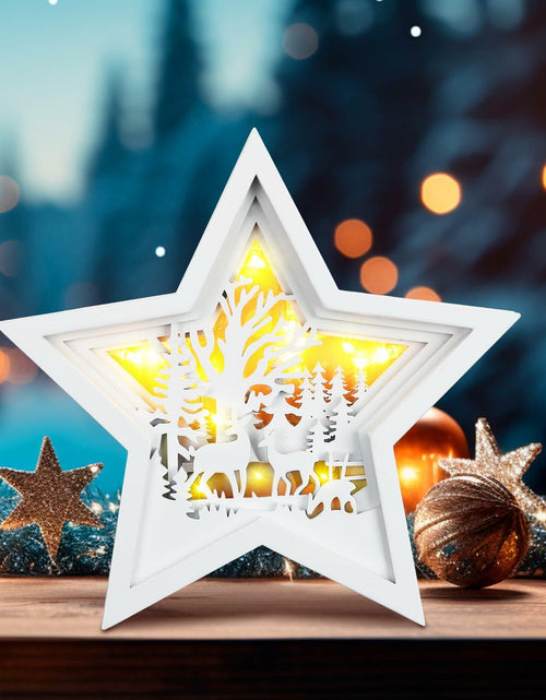 Load image into Gallery viewer, Rustic Wooden Christmas Reindeer Tree Topper Lighted Star 11x11 Inch

