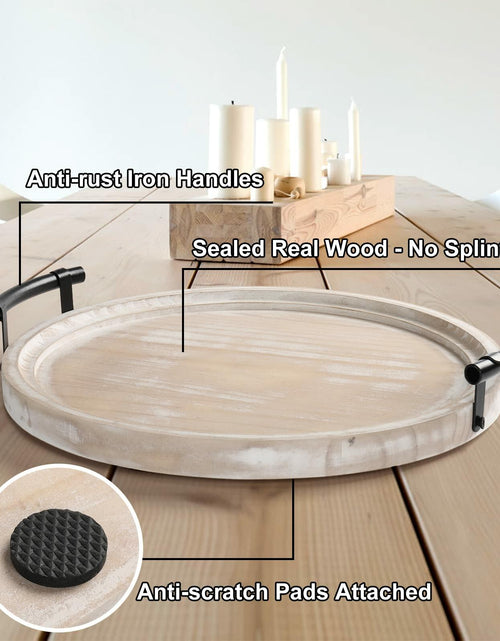 Load image into Gallery viewer, Round Wood Tray with Wood Bead Garland 13" Decorative Tray with Handles
