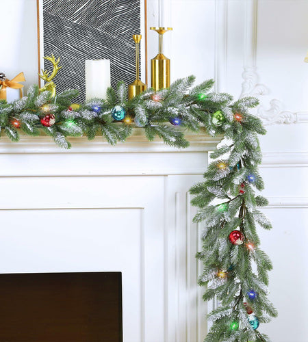 Chuangdi 9FT Flocked Cedar Garland with 50 LED Lights Frosted Pine