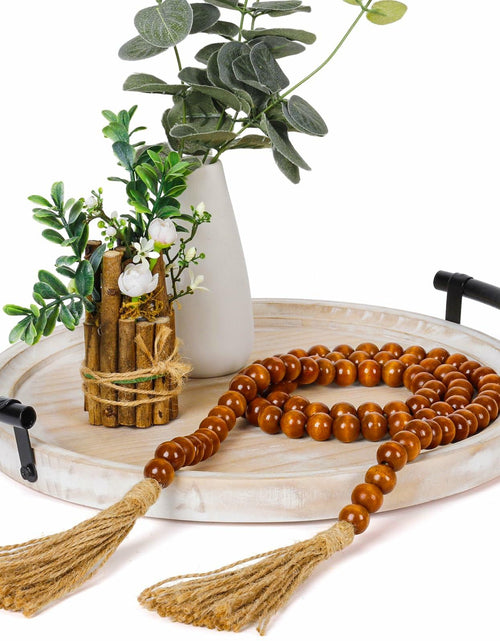 Load image into Gallery viewer, Round Wood Tray with Wood Bead Garland 13" Decorative Tray with Handles
