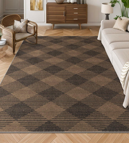 YIHOUSE Checkered Jute Rug 8x10 Brown Black Non Slip Indoor Outdoor