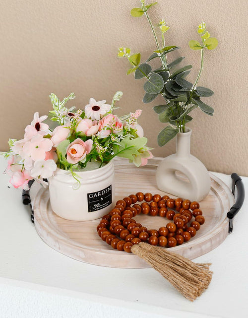 Load image into Gallery viewer, Round Wood Tray with Wood Bead Garland 13" Decorative Tray with Handles
