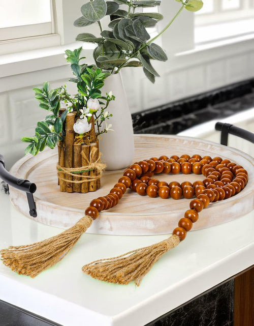 Load image into Gallery viewer, Round Wood Tray with Wood Bead Garland 13" Decorative Tray with Handles
