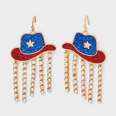Load image into Gallery viewer, Americana Cowboy Hat Rhinestone Drop Earrings Red White Blue
