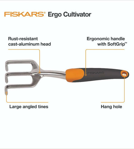 Fiskars Ergo Cultivator Heavy Duty Garden Tool with Hanging Hole 12"