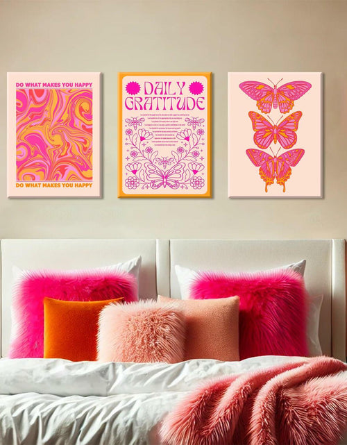 Load image into Gallery viewer, Preppy Daily Gratitude Wall Art Set of 3 Pink Orange Butterfly 12x16in
