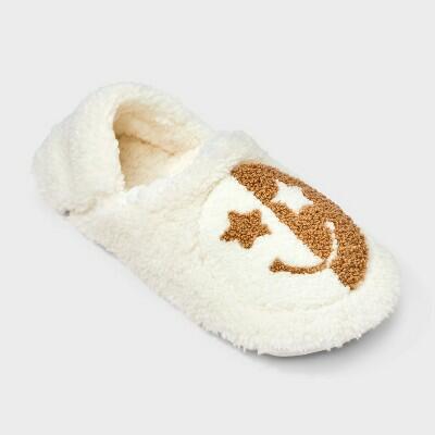 Load image into Gallery viewer, Womens Embroidered Smiley Face Cozy Fleece Pull-On Slipper Socks Ivory/Tan M/L

