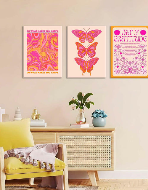 Load image into Gallery viewer, Preppy Daily Gratitude Wall Art Set of 3 Pink Orange Butterfly 12x16in
