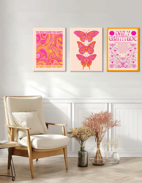 Load image into Gallery viewer, Preppy Daily Gratitude Wall Art Set of 3 Pink Orange Butterfly 12x16in
