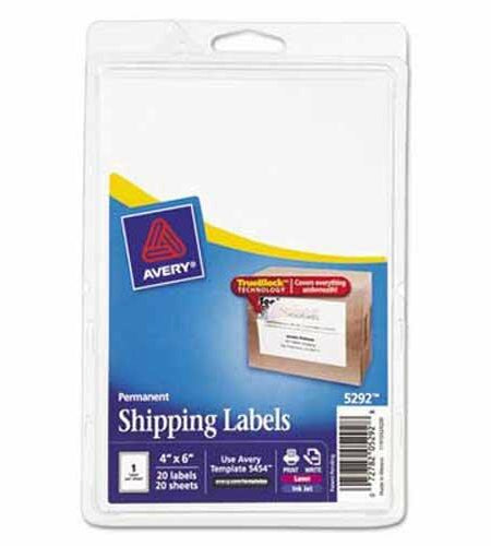 Avery Shipping Labels w/Ultrahold Ad & TrueBlock Laser/Inkjet 4 x 6 White 20Pack