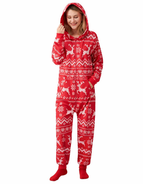 Load image into Gallery viewer, Giggling Getup Women Christmas Pajamas Hooded Nordic Print Red Size L
