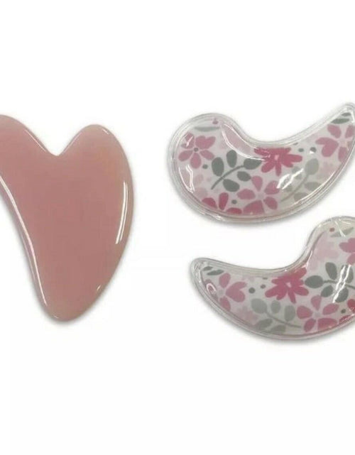 Load image into Gallery viewer, Tiger Eye gua sha + floral cooling eye patches, Pink 3-piece set
