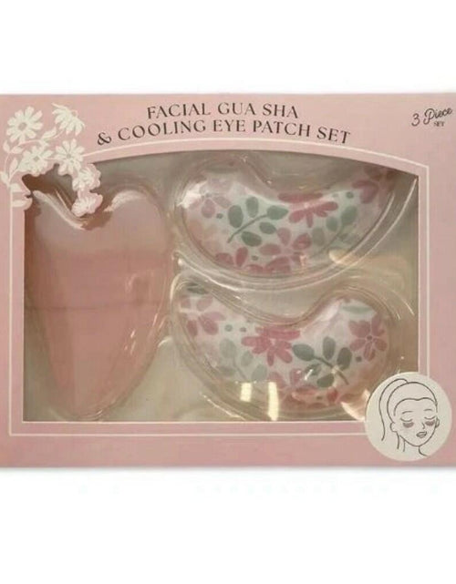 Load image into Gallery viewer, Tiger Eye gua sha + floral cooling eye patches, Pink 3-piece set
