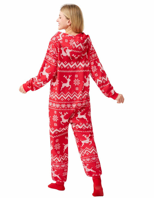 Load image into Gallery viewer, Giggling Getup Women Christmas Pajamas Hooded Nordic Print Red Size L
