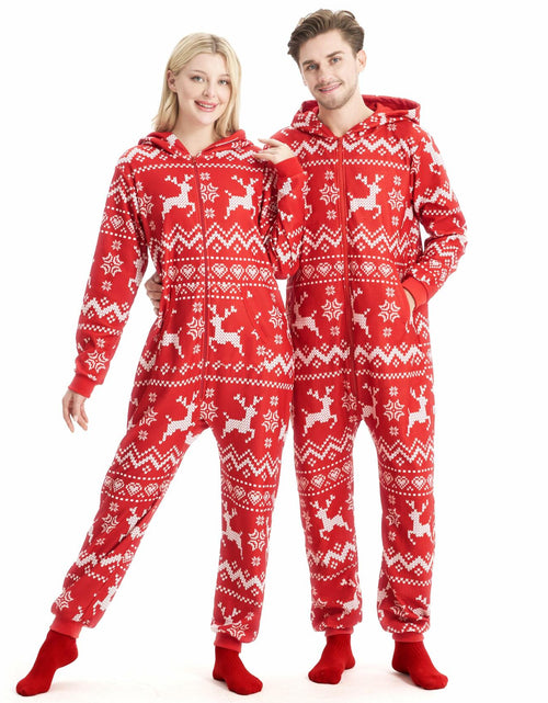 Load image into Gallery viewer, Giggling Getup Women Christmas Pajamas Hooded Nordic Print Red Size L
