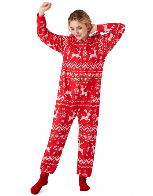 Load image into Gallery viewer, Giggling Getup Women Christmas Pajamas Hooded Nordic Print Red Size L

