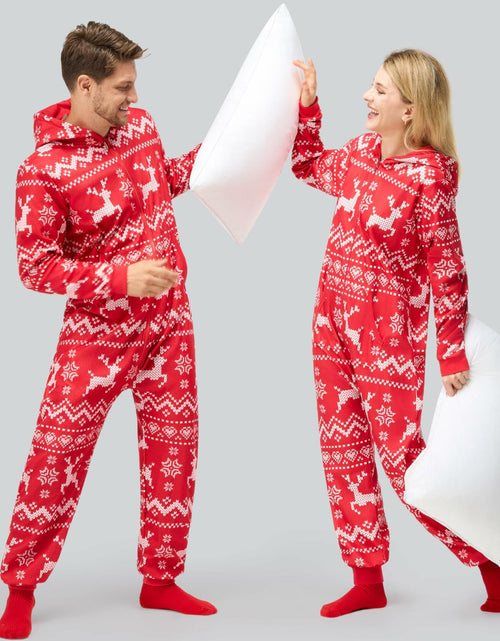 Load image into Gallery viewer, Giggling Getup Women Christmas Pajamas Hooded Nordic Print Red Size L
