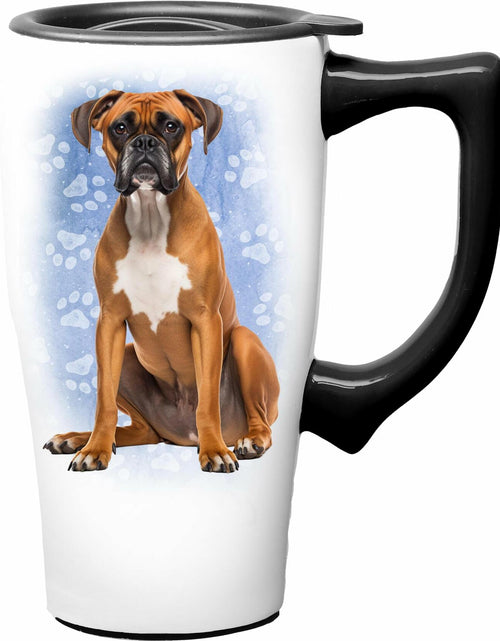Load image into Gallery viewer, Spoontiques Ceramic Travel Coffee Mug 18oz White Lid Handle Spill Proof

