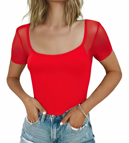CRIPOM Mesh Thong Bodysuit Women Red Short Sleeve Size M