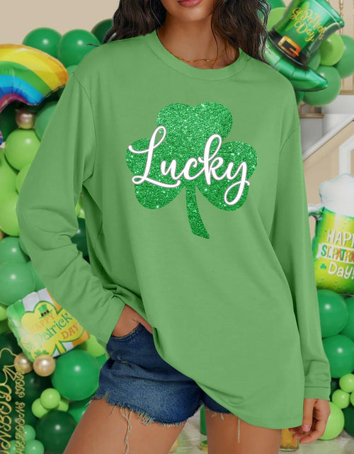 Load image into Gallery viewer, St. Patrick’s Day Women’s Lucky Shamrock Long Sleeve Oversized Tee S
