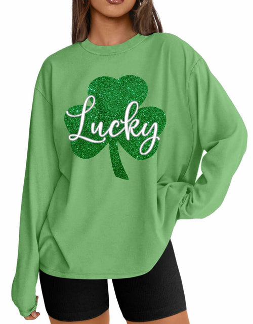 Load image into Gallery viewer, St. Patrick’s Day Women’s Lucky Shamrock Long Sleeve Oversized Tee S
