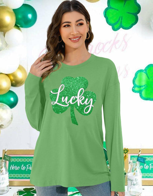 Load image into Gallery viewer, St. Patrick’s Day Women’s Lucky Shamrock Long Sleeve Oversized Tee S
