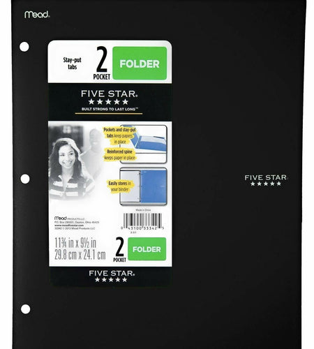 Five Star Mead 2 Pocket Folder with Stay-Put Tabs Black