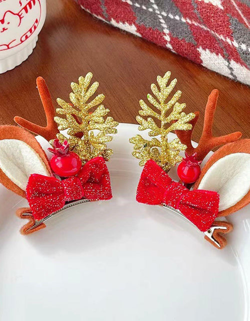 Load image into Gallery viewer, [Like New] Christmas Bow Hair Clips for Girls Red Gold Antler Design 2PCS
