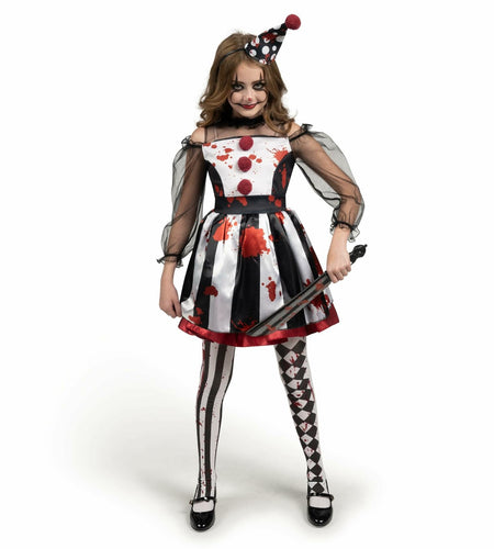 [Like New] Girls Scary Clown Costume Spooktacular Bloody Jester Dress Black White S