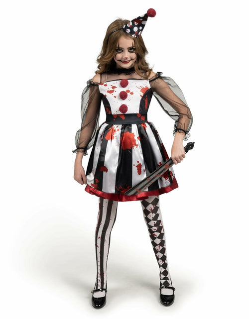 Load image into Gallery viewer, [Like New] Girls Scary Clown Costume Spooktacular Bloody Jester Dress Black White S
