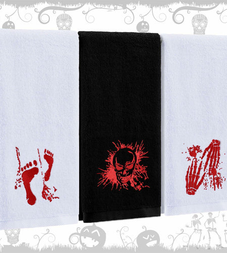Fanfanwin Halloween Embroidered Cotton Hand Towels 13.7x29.5 3pc White Black