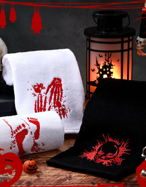 Load image into Gallery viewer, Fanfanwin Halloween Embroidered Cotton Hand Towels 13.7x29.5 3pc White Black
