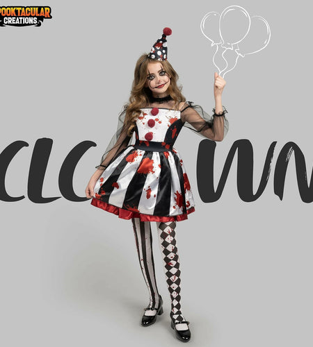 [Like New] Girls Scary Clown Costume Spooktacular Bloody Jester Dress Black White S