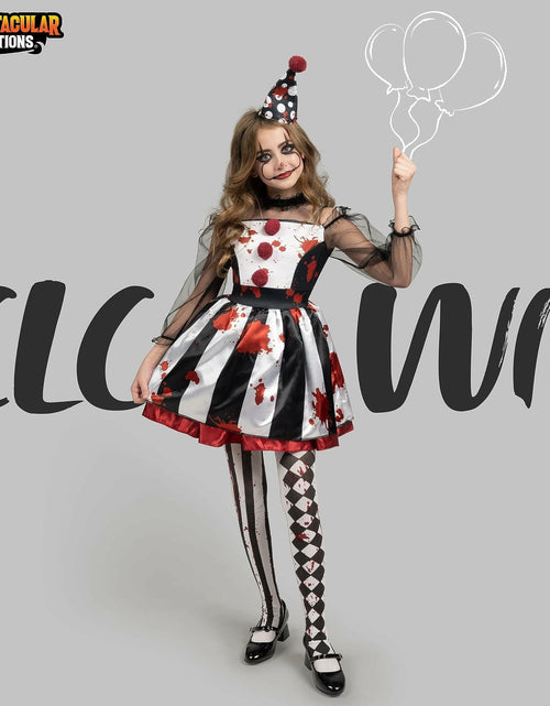 Load image into Gallery viewer, [Like New] Girls Scary Clown Costume Spooktacular Bloody Jester Dress Black White S
