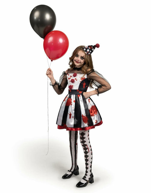 Load image into Gallery viewer, [Like New] Girls Scary Clown Costume Spooktacular Bloody Jester Dress Black White S
